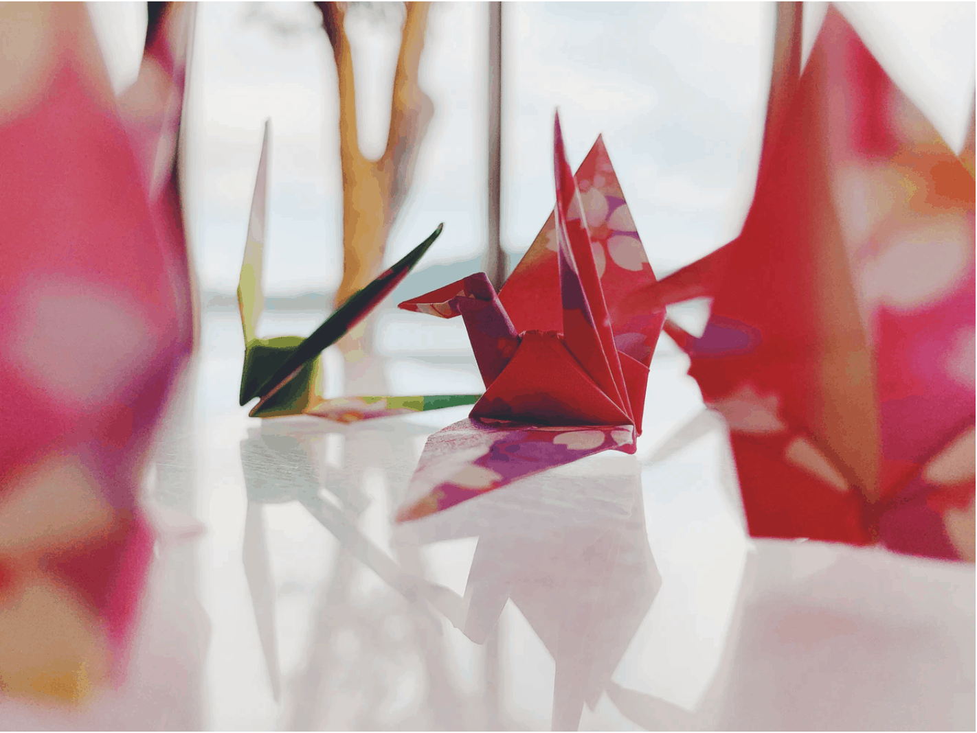 Red Origami Paper Cranes Flying Away From Hands Photo Photograph