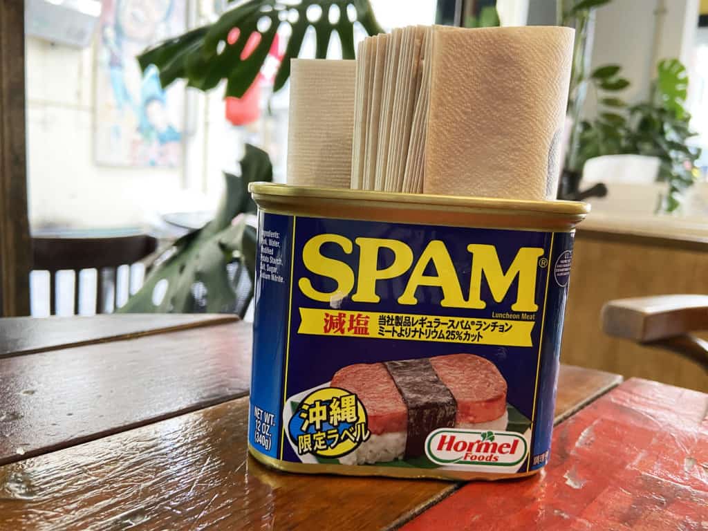 Spam tin on a table at Potamago in Okinawa
